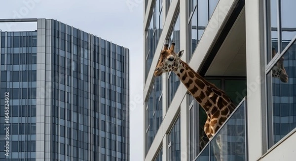 Obraz Giraffe Gazing: Unexpected Urban Safari - Modern Architecture and Wildlife Contrast