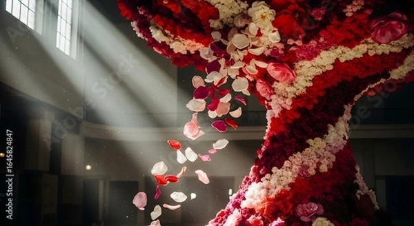 Obraz Ethereal Floral Cascade: Sunlit Petals Falling from a Crimson and White Flower Sculpture in a Grand Hall