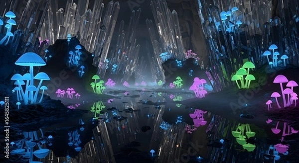 Obraz Ethereal Glow: Bio-luminescent Fungi in Crystal Cave