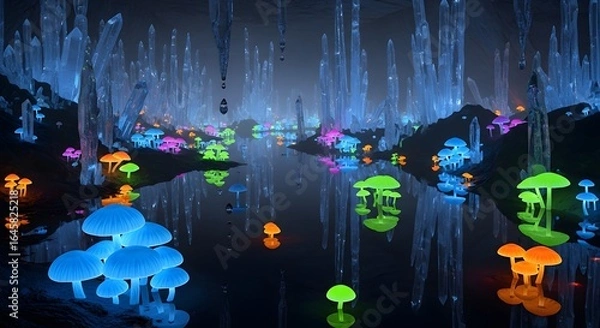 Obraz Illuminated Fantasy Cave: Glowing Mushrooms, Crystal Formations, Reflective Water.