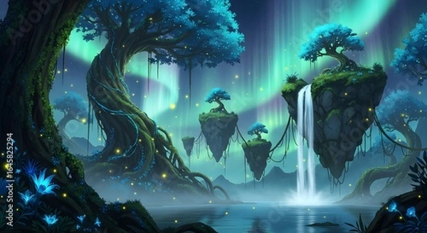 Obraz Enchanting Floating Islands, Mystical Waterfall, and Luminescent Flora
