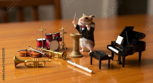 Obraz Hamster Conductor Directing Miniature Orchestra, Dressed in Tuxedo, Musical Instruments.