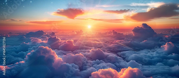 Fototapeta Aerial sunset over clouds, stars in distance, sky background, ideal for wallpaper