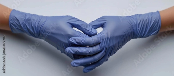 Fototapeta Blue gloved hands clasped on white background, ready for work