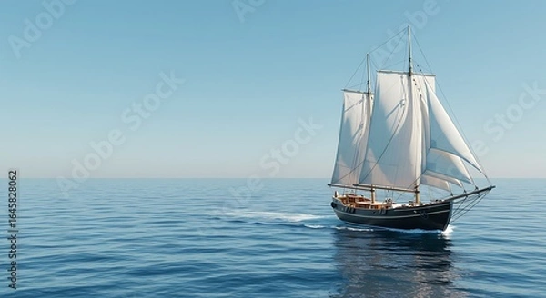 Fototapeta a boat sailing on the sea, positioned on the right side of the image with clear copy space on the left for text. ,hyper realistic digital art ,isolated on bright background