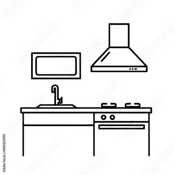 Obraz Minimalist black line icon of a modern kitchen interior featuring a sink with faucet, stovetop with oven, wall-mounted microwave, and range hood