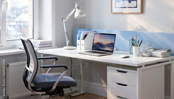 Fototapeta Bright and Clean Workspace: A Modern Home Office Featuring Minimalist Design, Natural Light, and Functional Organization