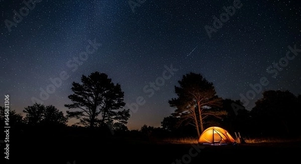 Fototapeta A Lone Tent's Warm Glow Under a Meteor-Streaked Starry Night