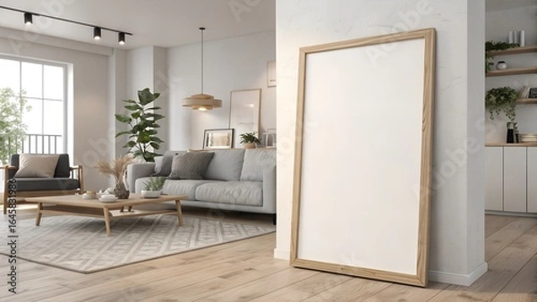 Fototapeta Frame mockup, ISO A paper size. Living room wall poster mockup. Interior mockup with house background. Modern interior design. 3D render