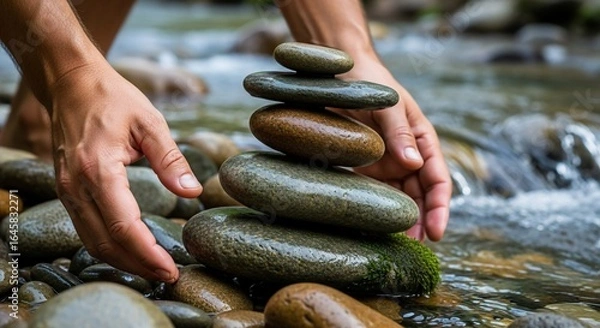 Fototapeta A Meditative Act of Balancing Wet, Mossy Stones in a Flowing River