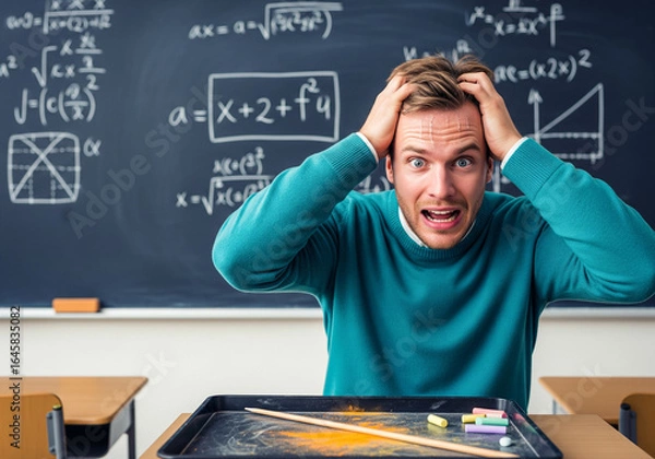 Fototapeta A man in a teal sweater looks shocked and overwhelmed while sitting in front of a blackboard filled with math equations.