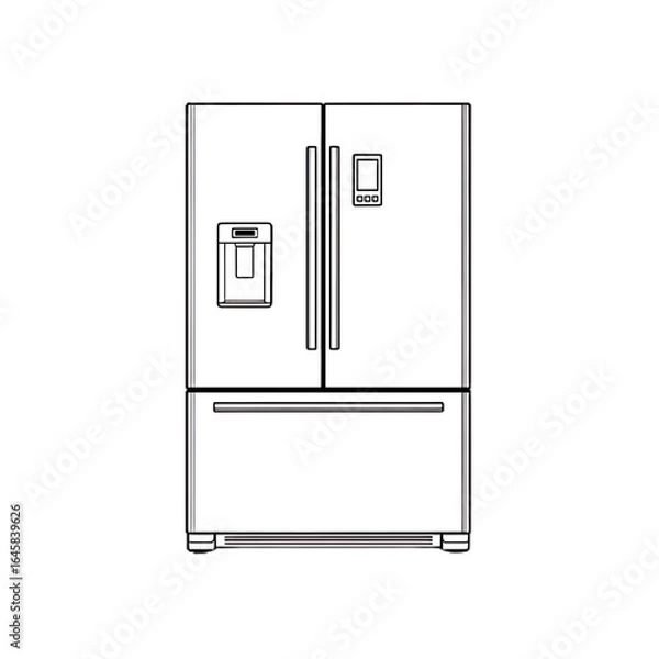 Obraz Minimalist black line icon of a modern double-door refrigerator with a bottom freezer drawer, built-in water dispenser, and digital control panel