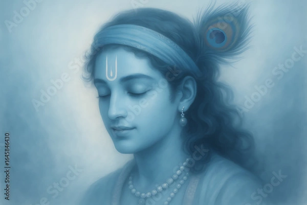 Fototapeta Meditative Krishna in Blue Tones with Tilak and Ethereal Spiritual Glow
