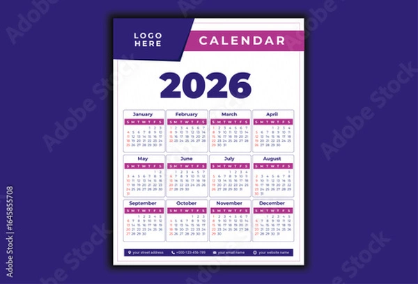 Obraz 2026 Calendar editable purple template design in vector