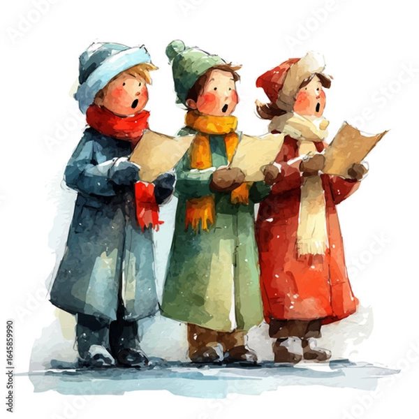 Fototapeta Christmas Carolers in watercolor style, vector illustration, isolated on white background.