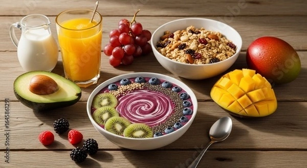 Fototapeta Artistic Swirl Smoothie Bowl and Fresh Fruit Medley on a Rustic Wooden Table for a Healthy Start
