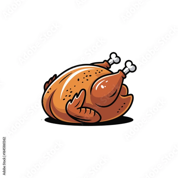 Fototapeta Cartoon Illustration of a Roasted Whole Chicken with Exposed Drumstick Bones on a White Background