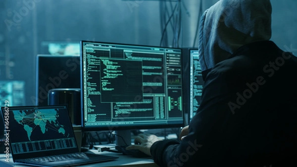 Obraz Niebezpieczny haker z kapturem włamuje się do rządowych serwerów danych i infekuje ich system wirusem. Jego kryjówka ma ciemną atmosferę, wiele ekranów, wszędzie kable.