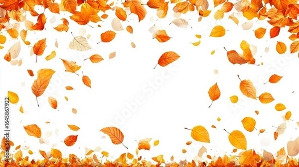 Fototapeta Falling autumn leaves create a vibrant, rectangular frame against a stark white background.  The leaves range in shades of orange, yellow, and brown, suggesting a crisp autumnal scene