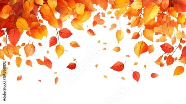 Fototapeta Autumnal leaves cascading from branches against a white backdrop.  Intricate detail showcases vibrant oranges, reds, and yellows. Ideal for seasonal designs