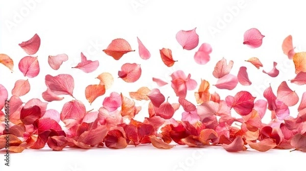 Fototapeta Pink and orange petals falling and resting on a white background.  A gentle, delicate scene suggesting springtime or celebration