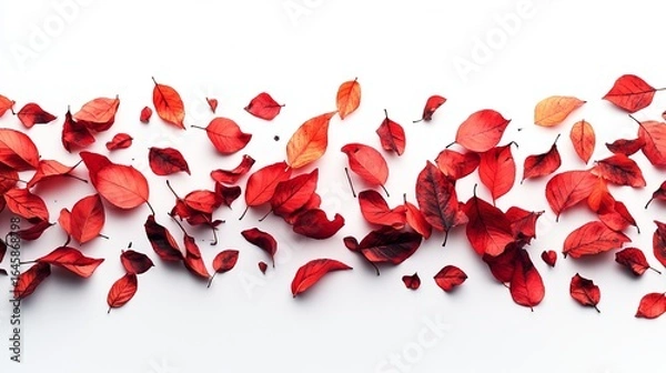 Fototapeta Scattered red and orange autumn leaves on a white background, creating a vibrant horizontal line