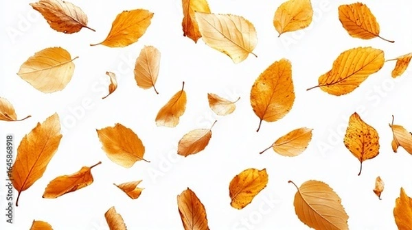 Fototapeta Golden autumn leaves falling on white background.  A vibrant image perfect for seasonal designs