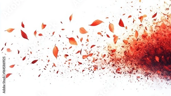 Fototapeta Red leaves scattered and blown in the wind, creating a dynamic, abstract explosion effect against a white background
