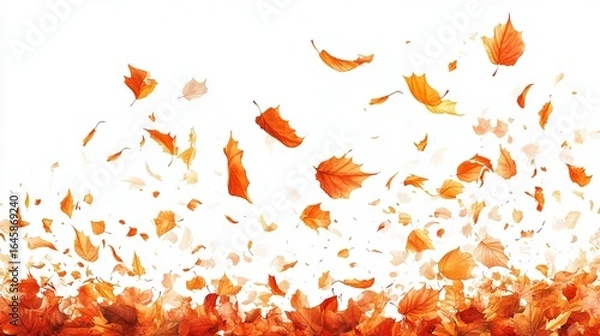 Fototapeta A vibrant autumn scene showcasing numerous orange and red leaves falling and accumulating on a white background.  The leaves are various sizes and display autumnal hues