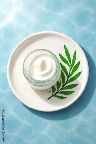 Obraz A jar of white cream with a green leaf on a white plate against a blue background