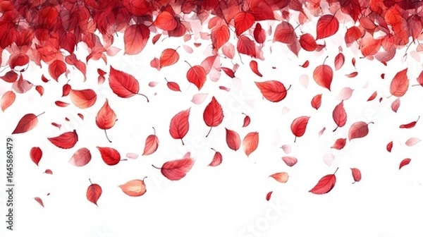 Fototapeta Falling red leaves against a white background, creating a vibrant autumnal scene.  The leaves vary in size and opacity, suggesting movement and a sense of season change