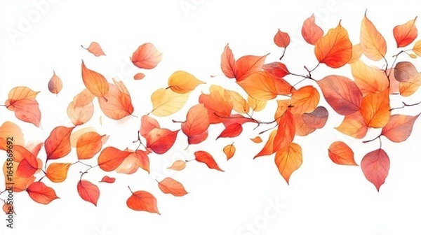 Fototapeta Watercolor painting of autumn leaves swirling on a white background.  Orange, red, and yellow leaves create a dynamic, flowing composition