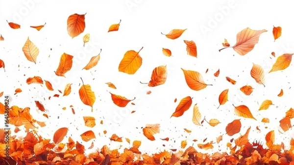 Fototapeta A vibrant collection of autumn leaves in various shades of orange and yellow, dynamically scattered against a pristine white backdrop