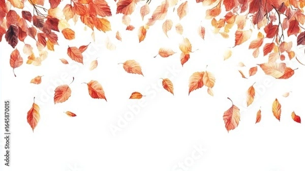 Fototapeta Falling autumn leaves in warm, orange, and red hues against a white background, creating a vibrant seasonal design