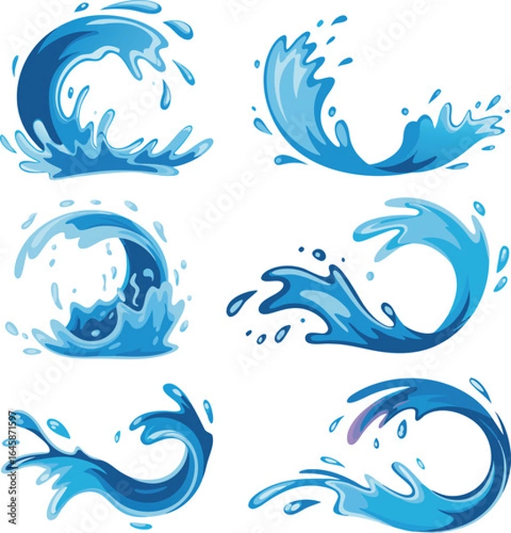 Fototapeta Six Different Illustrations of Blue Water Waves and Splashes on a White Background
