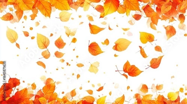 Fototapeta Falling autumn leaves, orange and yellow hues against a white background, creating a vibrant autumnal scene
