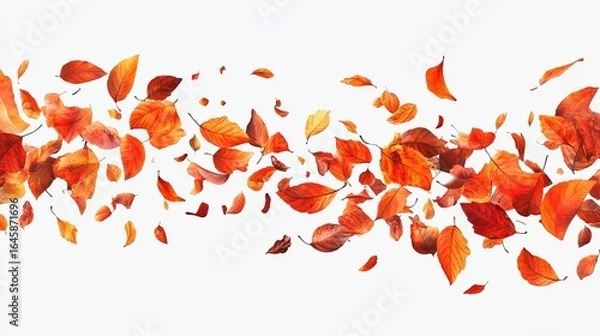 Fototapeta A stream of vibrant, autumnal leaves in various shades of red and orange, gracefully floating against a stark white backdrop