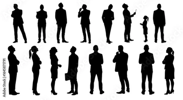 Fototapeta Vector silhouettes of two men and three women, a group of standing business people, looking up, back view, profile, black color isolated on white background