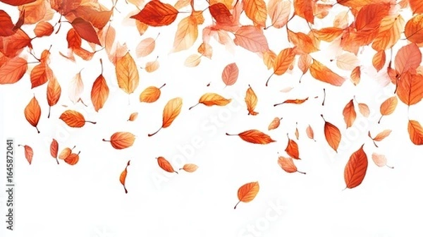 Fototapeta Falling autumn leaves in various shades of orange and red against a white background.  A vibrant depiction of the fall season