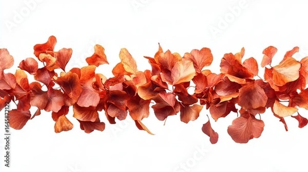 Fototapeta A horizontal line of scattered, dried, copper-toned leaves against a white background.  The leaves appear delicate and slightly translucent