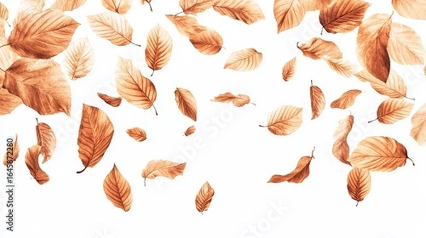 Fototapeta Falling autumn leaves in warm brown hues against a stark white background, creating a serene, natural scene
