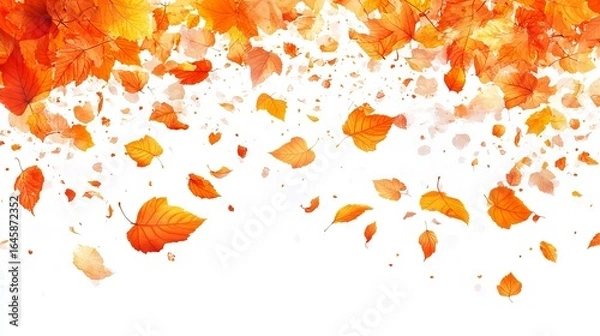 Fototapeta Falling autumn leaves in vibrant orange and yellow hues against a white background.  A cascade of foliage creates a seasonal, nature-inspired design
