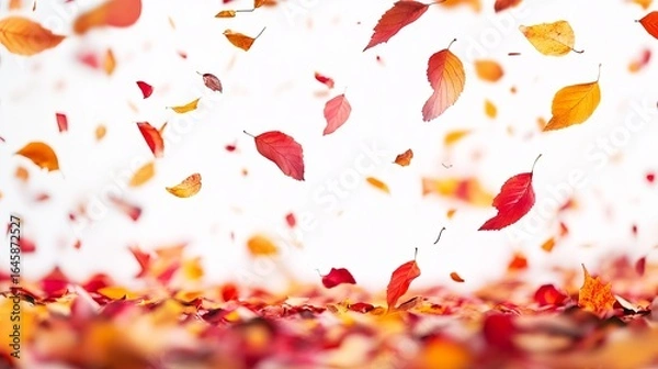 Fototapeta Red and orange leaves falling against a white background, creating a vibrant autumn scene.  Many leaves are in mid-air, while others rest on the ground