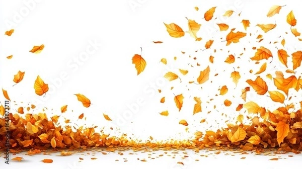 Fototapeta Golden autumn leaves swirling and falling against a white background, creating a vibrant seasonal scene