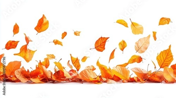 Fototapeta Vibrant orange and yellow autumn leaves falling and scattered on a white background, creating a sense of autumnal motion and beauty