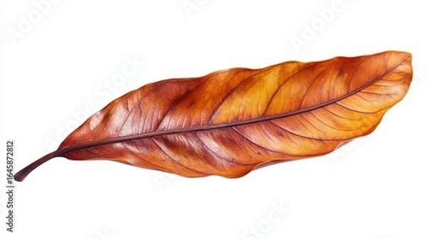 Fototapeta A single, dried leaf, elongated and ovate, displays rich, warm tones of brown and orange, exhibiting intricate vein patterns against a stark white background