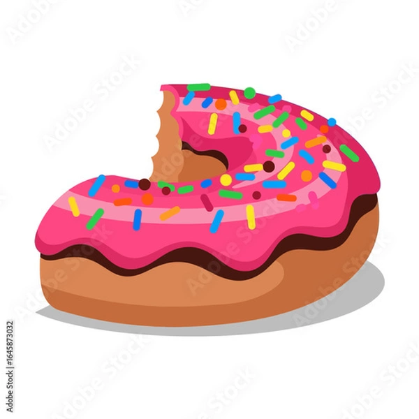 Fototapeta A delicious pink frosted donut with colorful sprinkles, partially eaten, showcasing its sweet texture and inviting appearance.