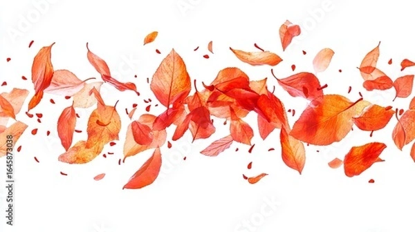 Fototapeta A stream of vibrant, orange-red petals floats against a stark white background, creating a dynamic and colorful image