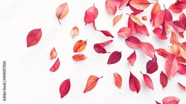 Fototapeta Scattered crimson and orange autumn leaves on a white background, creating a vibrant, seasonal design