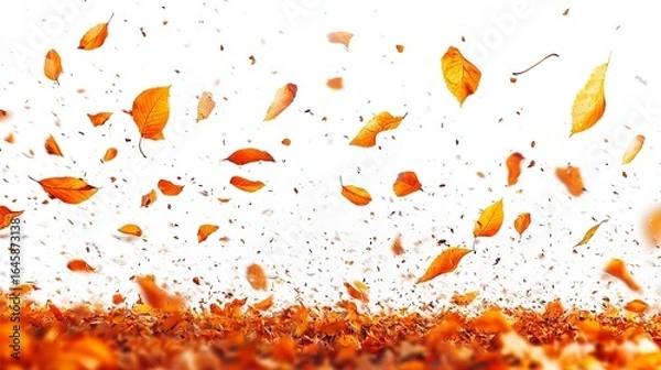 Fototapeta Orange autumn leaves swirling and falling against a white background, creating a vibrant, dynamic scene